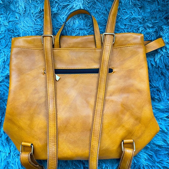 Vegan Leather Backpack Handbag. Unbranded. EUC. Gold Hardware, BRN/Mustard Color - Picture 3 of 8